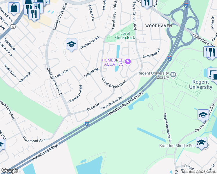 map of restaurants, bars, coffee shops, grocery stores, and more near 6205 Lippizan Circle in Virginia Beach