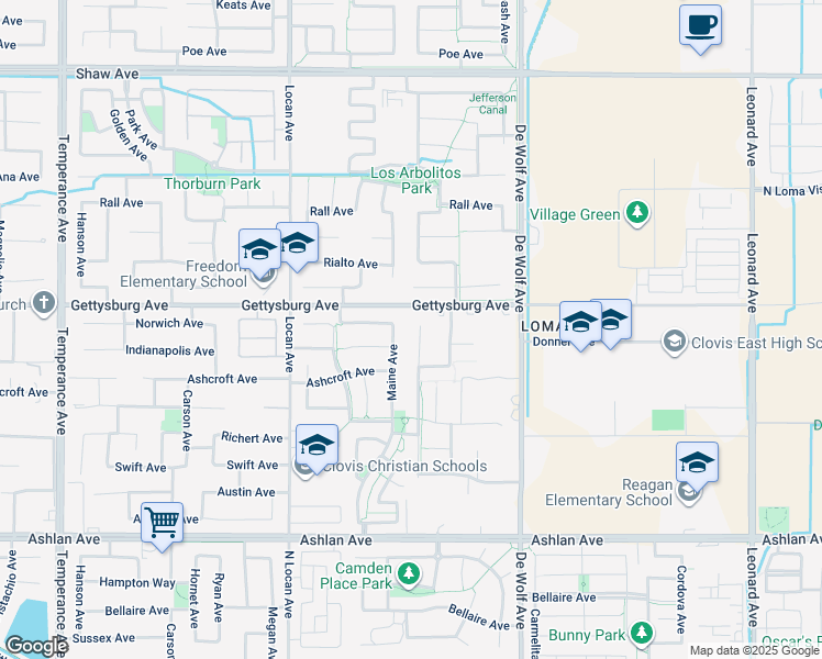 map of restaurants, bars, coffee shops, grocery stores, and more near 2814 Blackwood Avenue in Clovis
