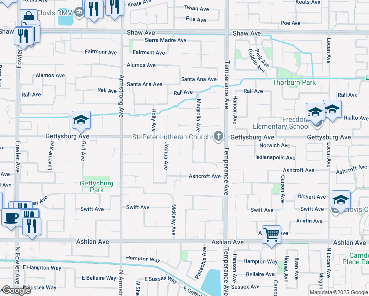 map of restaurants, bars, coffee shops, grocery stores, and more near 2802 Magnolia Avenue in Clovis