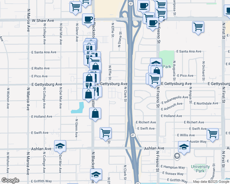 map of restaurants, bars, coffee shops, grocery stores, and more near 1898 East Gettysburg Avenue in Fresno