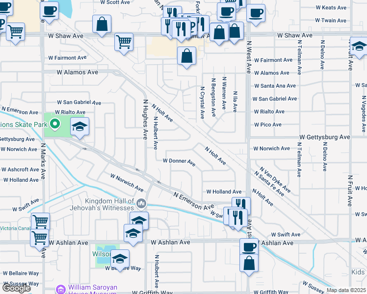 map of restaurants, bars, coffee shops, grocery stores, and more near 1808 West Gettysburg Avenue in Fresno