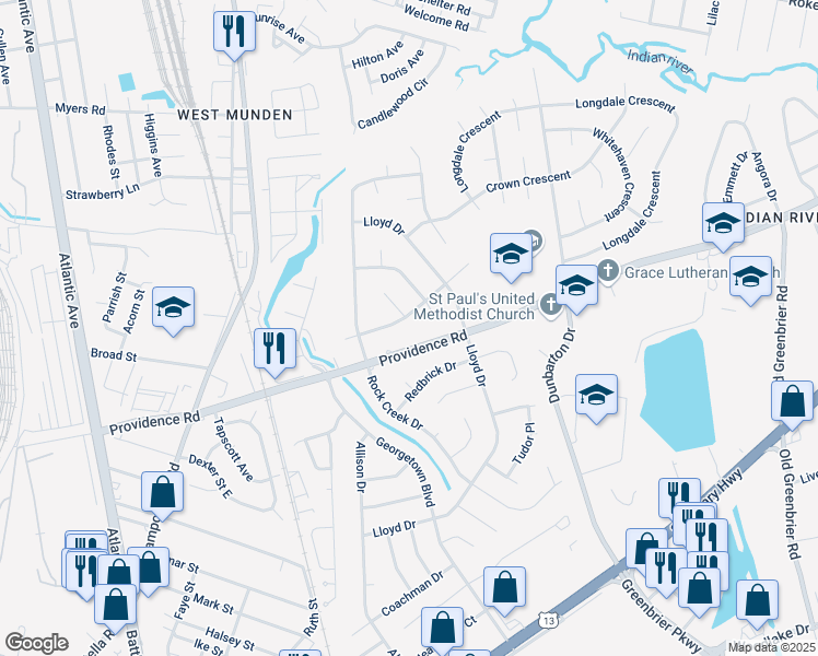 map of restaurants, bars, coffee shops, grocery stores, and more near 2501 Lamp Post Court in Chesapeake