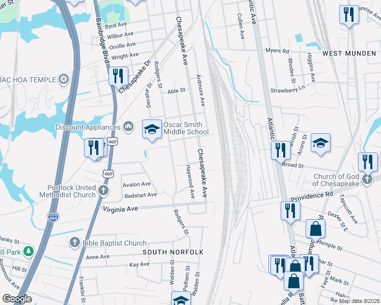 map of restaurants, bars, coffee shops, grocery stores, and more near 2401 Chesapeake Circle in Chesapeake