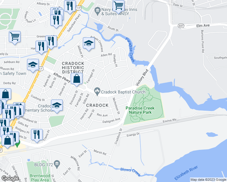 map of restaurants, bars, coffee shops, grocery stores, and more near 113 Afton Parkway in Portsmouth