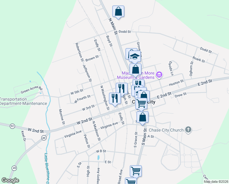 map of restaurants, bars, coffee shops, grocery stores, and more near 7 East 5th Street in Chase City