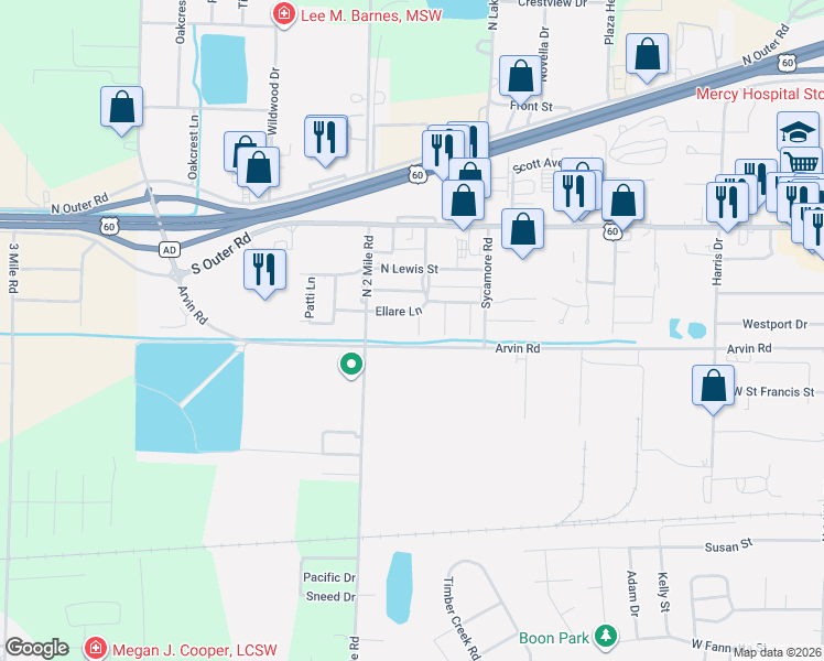map of restaurants, bars, coffee shops, grocery stores, and more near 612 Terry Street in Dexter