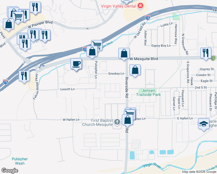 map of restaurants, bars, coffee shops, grocery stores, and more near 183 San Pedro Way in Mesquite