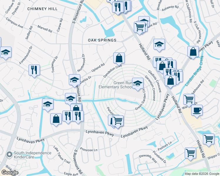 map of restaurants, bars, coffee shops, grocery stores, and more near 3512 Daffodil Crescent in Virginia Beach