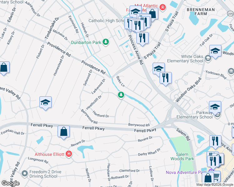 map of restaurants, bars, coffee shops, grocery stores, and more near 1125 Birks Lane in Virginia Beach