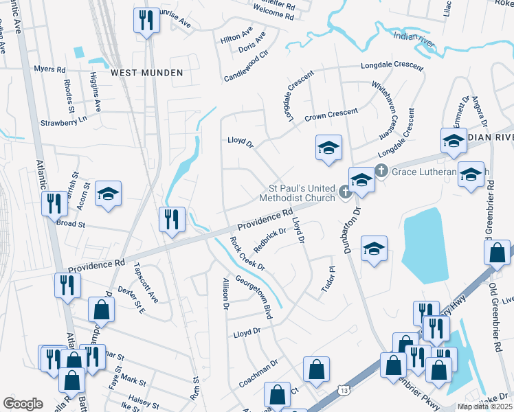 map of restaurants, bars, coffee shops, grocery stores, and more near 2501 Lamp Post Court in Chesapeake