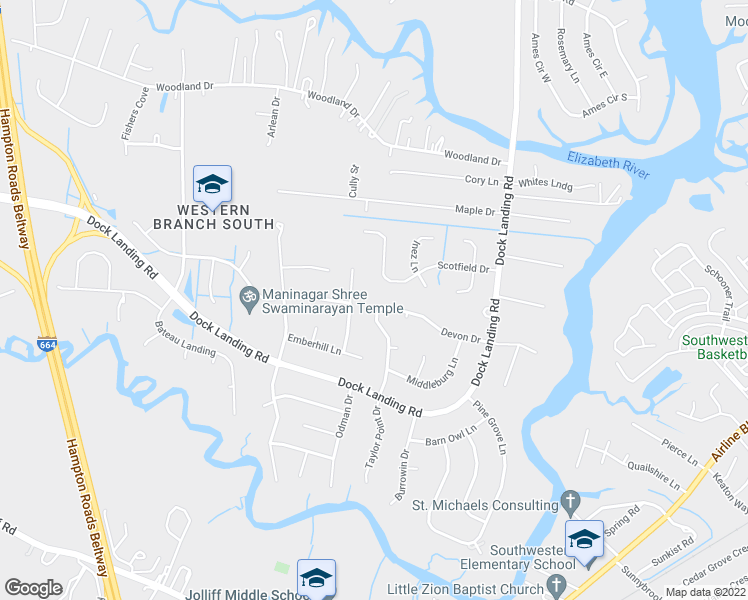 map of restaurants, bars, coffee shops, grocery stores, and more near 4038 Devon Drive in Chesapeake