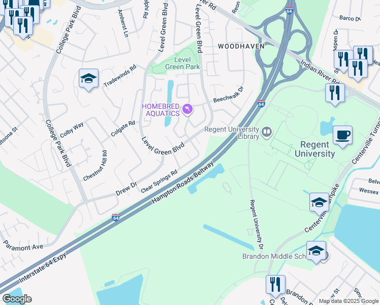 map of restaurants, bars, coffee shops, grocery stores, and more near 5883 Shetland Court in Virginia Beach