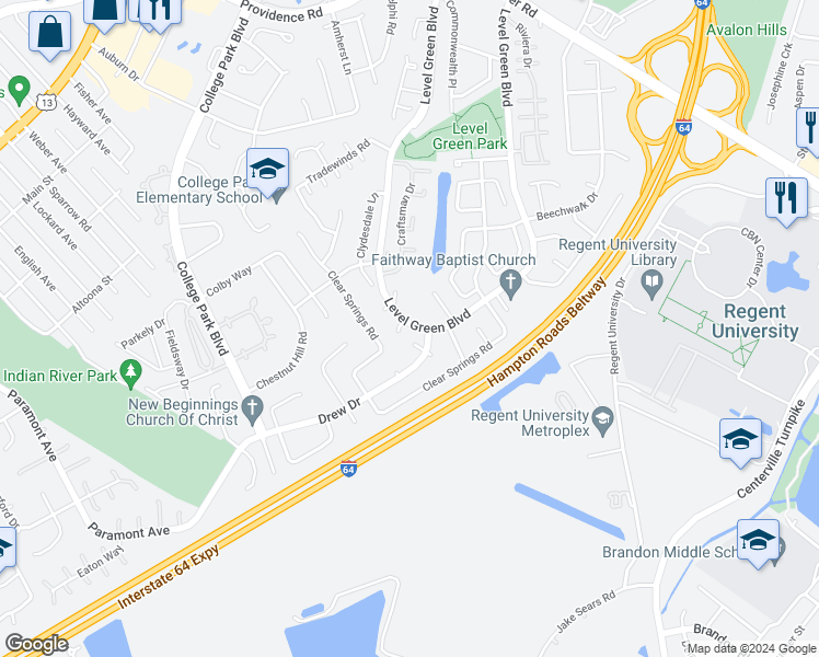 map of restaurants, bars, coffee shops, grocery stores, and more near 6201 Lippizan Circle in Virginia Beach