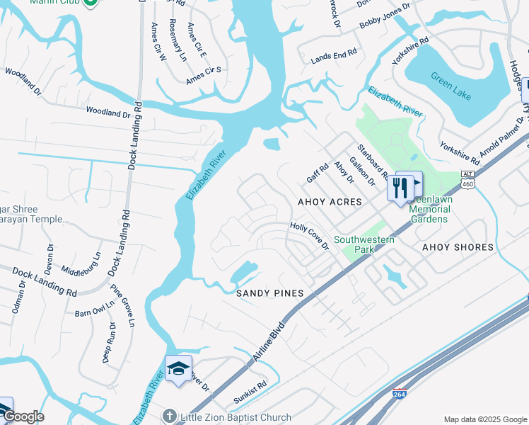 map of restaurants, bars, coffee shops, grocery stores, and more near 4124 Taught Line Loop in Chesapeake