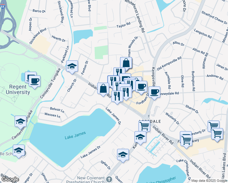 map of restaurants, bars, coffee shops, grocery stores, and more near 5394 Kemps River Drive in Virginia Beach