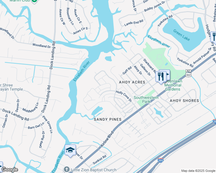 map of restaurants, bars, coffee shops, grocery stores, and more near 4132 Taught Line Loop in Chesapeake