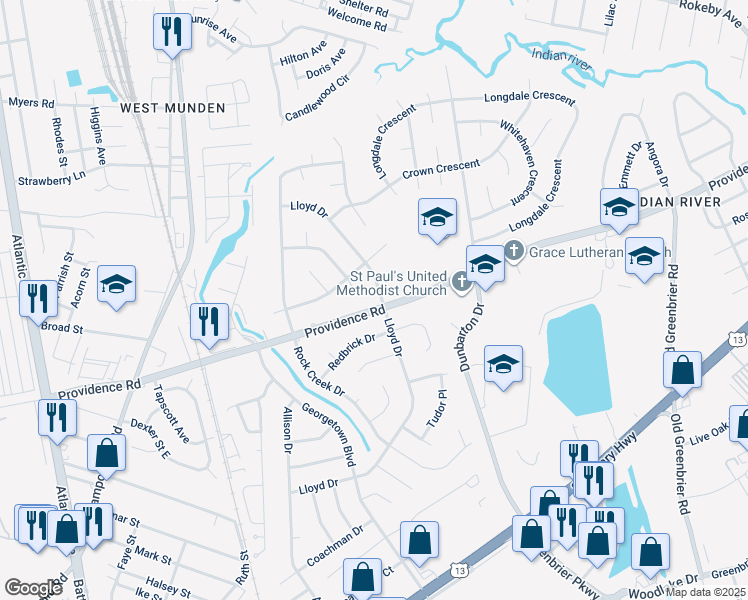 map of restaurants, bars, coffee shops, grocery stores, and more near 336 Providence Road in Chesapeake