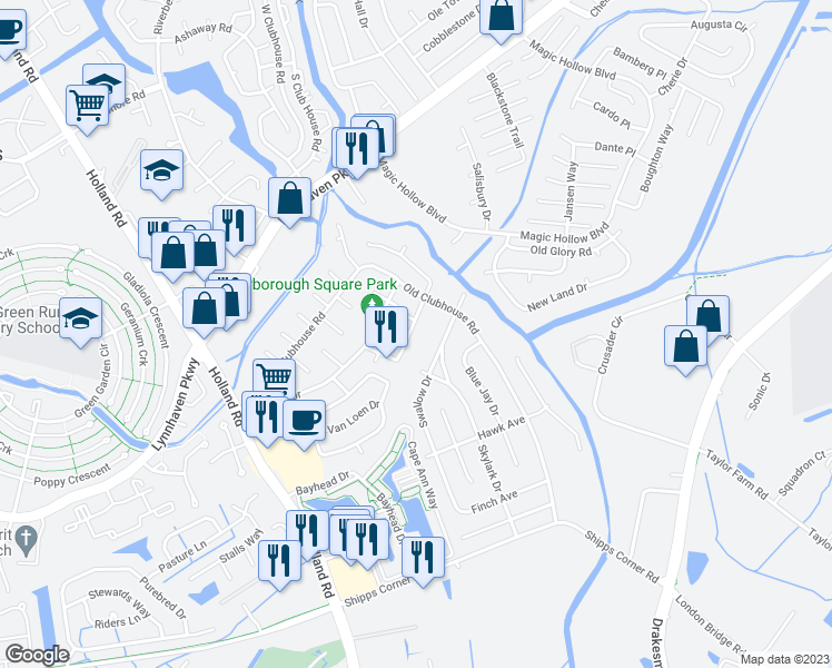 map of restaurants, bars, coffee shops, grocery stores, and more near 869 Old Clubhouse Road in Virginia Beach