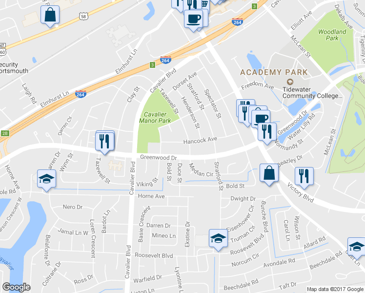 map of restaurants, bars, coffee shops, grocery stores, and more near 903 Hancock Avenue in Portsmouth