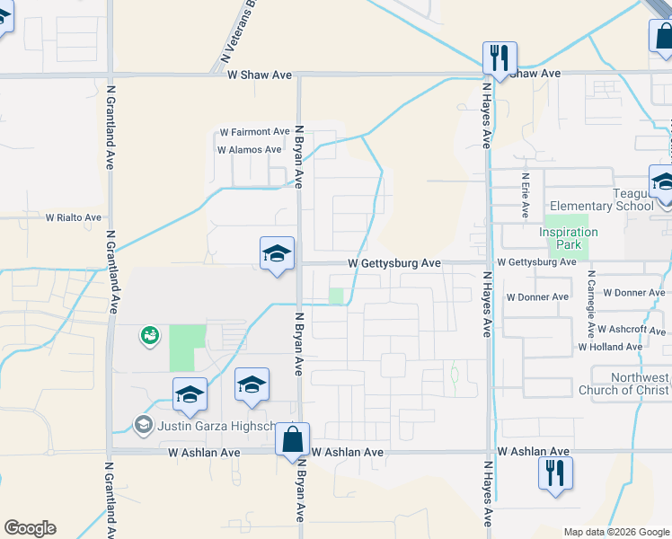 map of restaurants, bars, coffee shops, grocery stores, and more near 6417 West Pico Avenue in Fresno