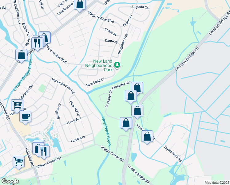 map of restaurants, bars, coffee shops, grocery stores, and more near 2844 Crusader Circle in Virginia Beach