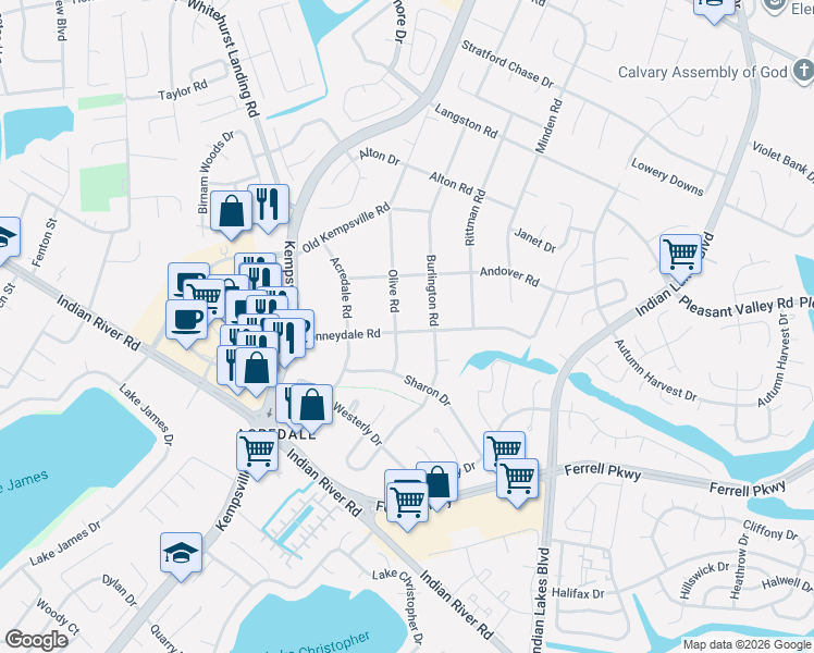 map of restaurants, bars, coffee shops, grocery stores, and more near 1213 Burlington Road in Virginia Beach