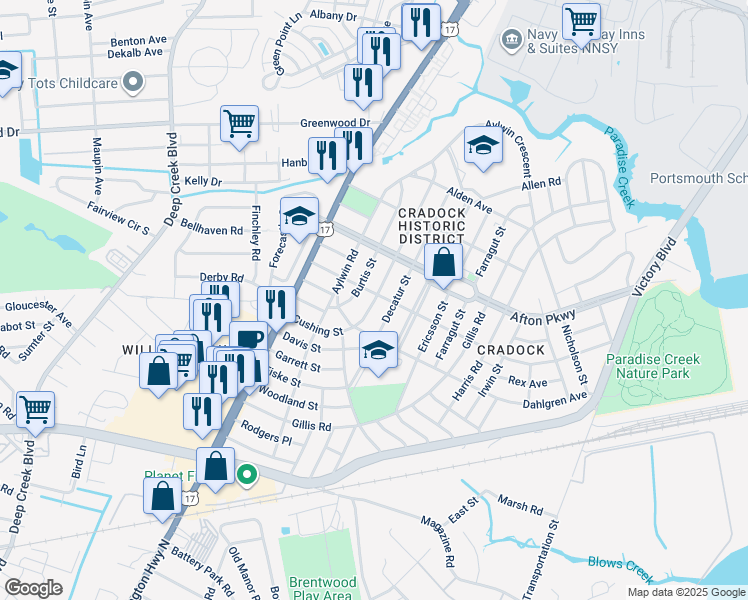 map of restaurants, bars, coffee shops, grocery stores, and more near 80 Cushing Street in Portsmouth