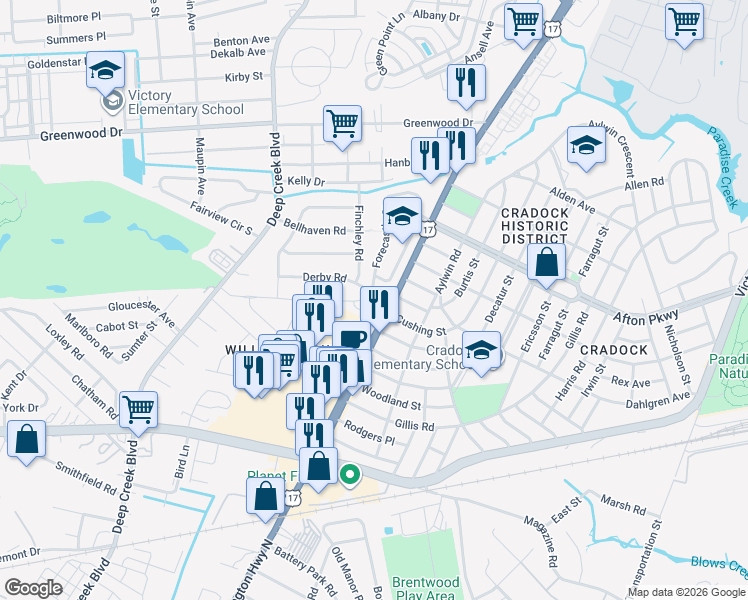 map of restaurants, bars, coffee shops, grocery stores, and more near 4300 George Washington Highway in Portsmouth