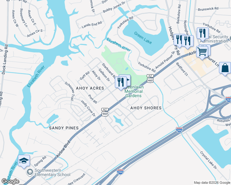 map of restaurants, bars, coffee shops, grocery stores, and more near 3913 Starboard Road in Chesapeake