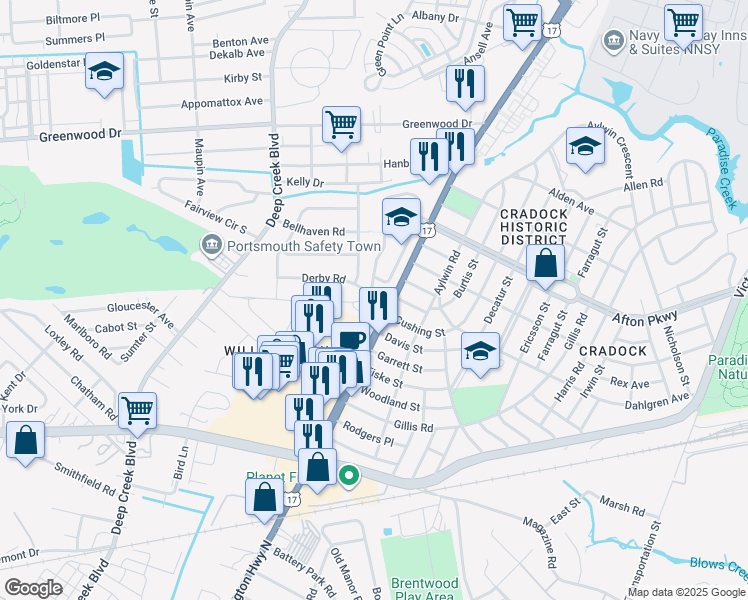 map of restaurants, bars, coffee shops, grocery stores, and more near 4300 George Washington Highway in Portsmouth
