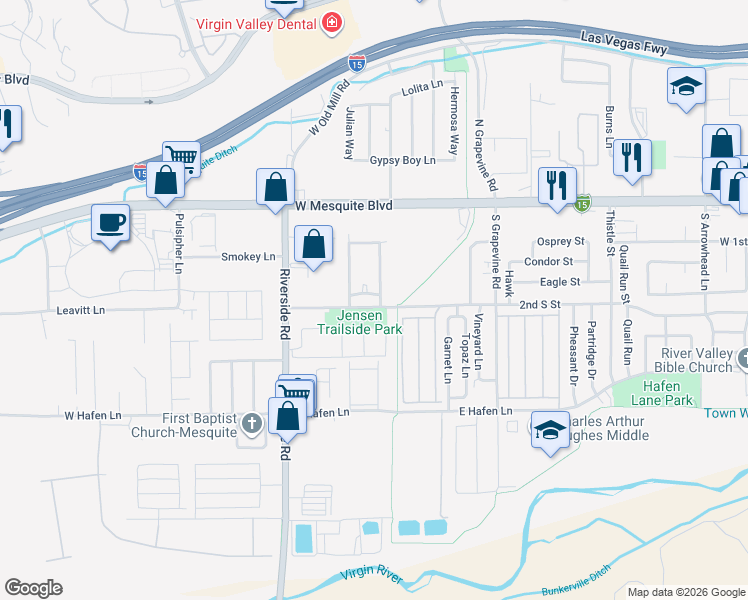 map of restaurants, bars, coffee shops, grocery stores, and more near 165 Shade Tree Lane in Mesquite