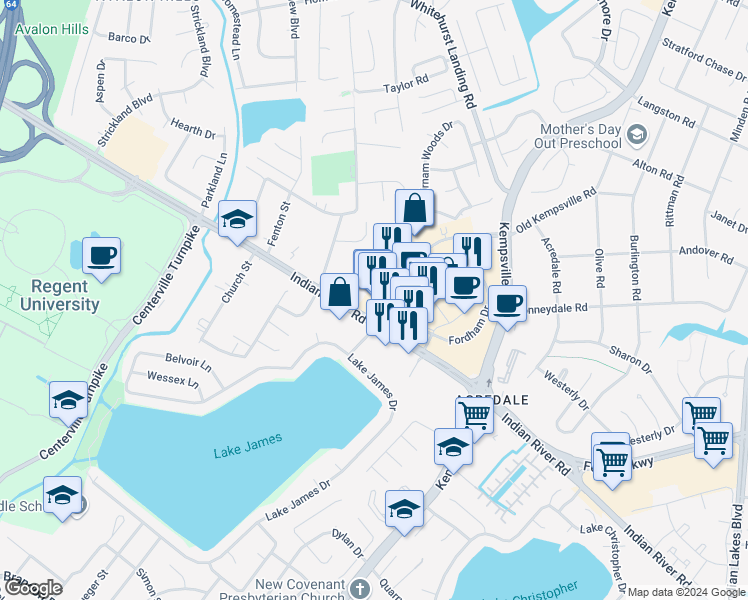 map of restaurants, bars, coffee shops, grocery stores, and more near 5394 Kemps River Drive in Virginia Beach