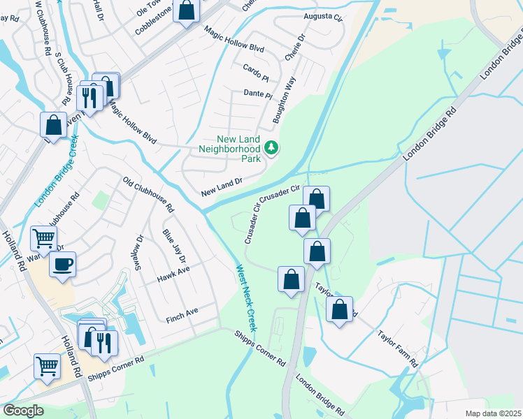 map of restaurants, bars, coffee shops, grocery stores, and more near 2844 Crusader Circle in Virginia Beach