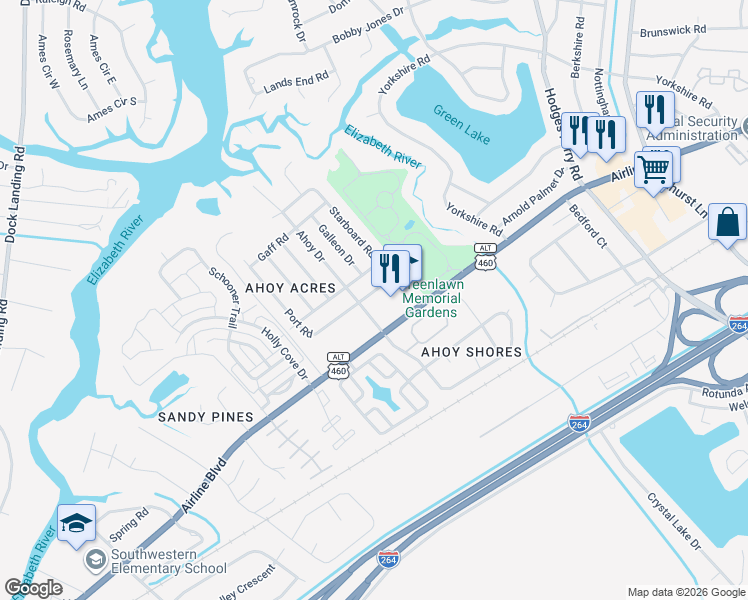 map of restaurants, bars, coffee shops, grocery stores, and more near 3913 Starboard Road in Chesapeake