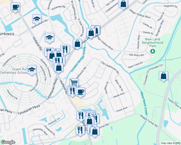 map of restaurants, bars, coffee shops, grocery stores, and more near 3204 Wimbledon Way in Virginia Beach