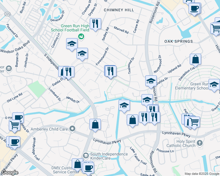 map of restaurants, bars, coffee shops, grocery stores, and more near 3582 Windmill Drive in Virginia Beach