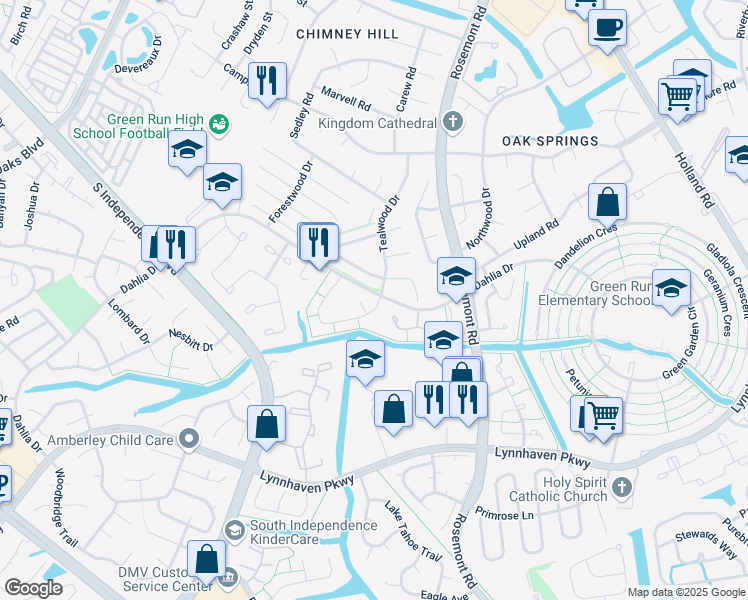 map of restaurants, bars, coffee shops, grocery stores, and more near 1102 Woodenshoe Court in Virginia Beach