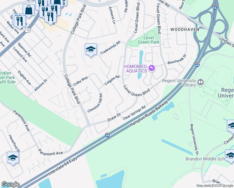 map of restaurants, bars, coffee shops, grocery stores, and more near 6049 Clear Springs Road in Virginia Beach