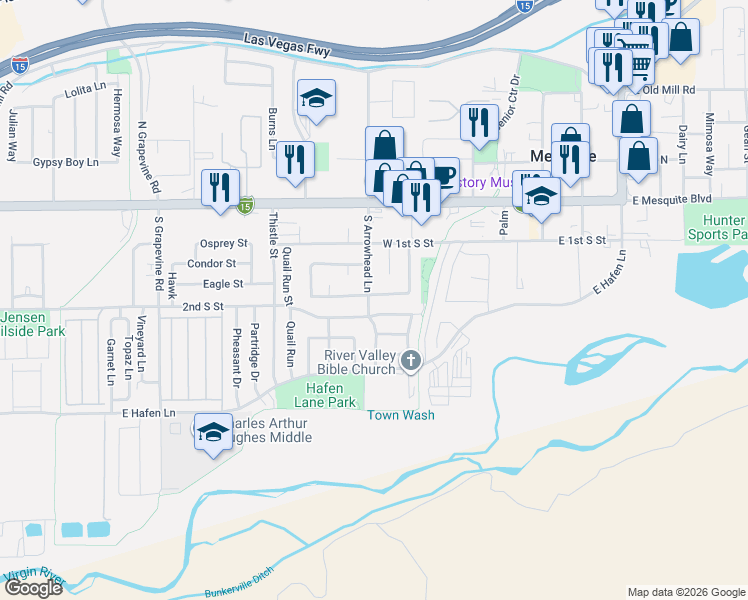 map of restaurants, bars, coffee shops, grocery stores, and more near 381 Bannock Street in Mesquite