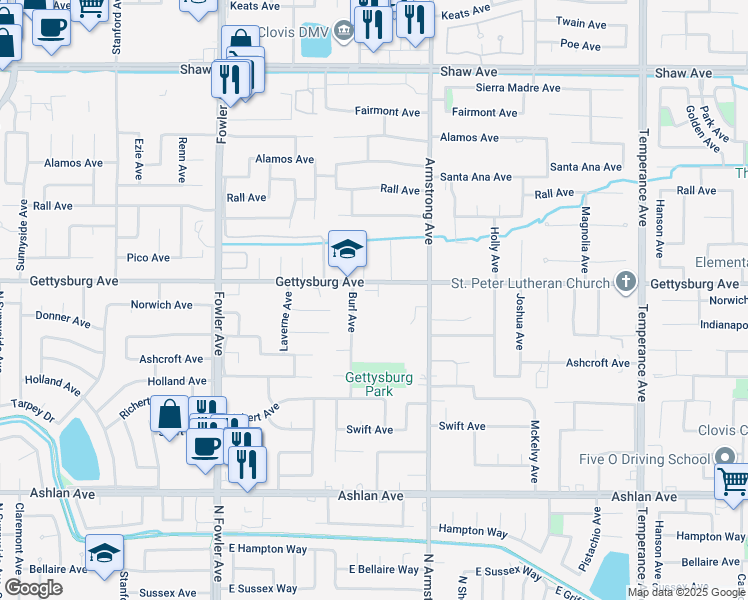 map of restaurants, bars, coffee shops, grocery stores, and more near 2100 Gettysburg Avenue in Clovis