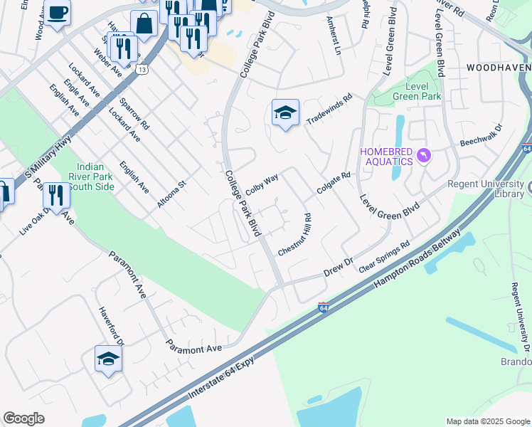map of restaurants, bars, coffee shops, grocery stores, and more near 1235 Glyndon Drive in Virginia Beach