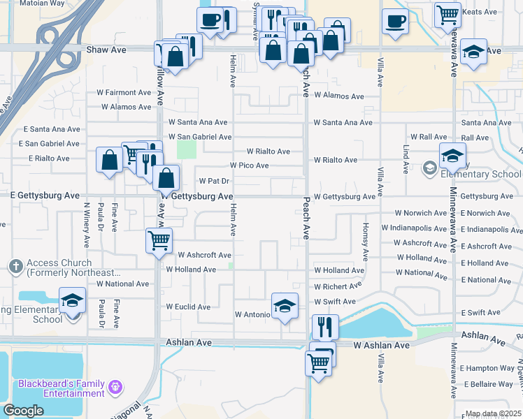 map of restaurants, bars, coffee shops, grocery stores, and more near 524 West Gettysburg Avenue in Clovis