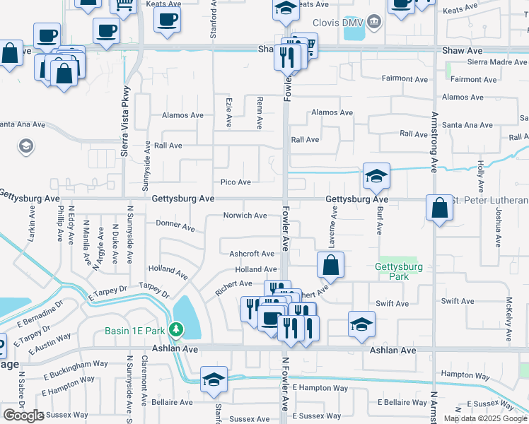 map of restaurants, bars, coffee shops, grocery stores, and more near 1748 Gettysburg Avenue in Clovis