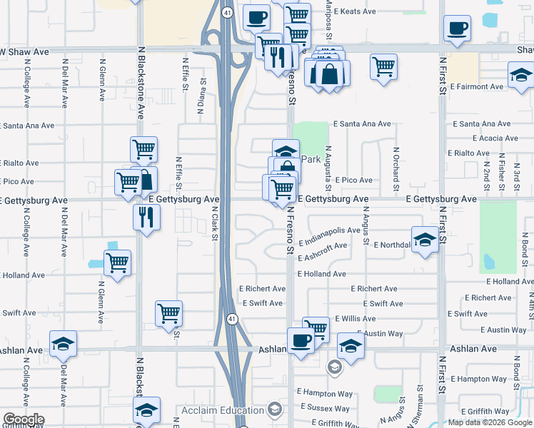 map of restaurants, bars, coffee shops, grocery stores, and more near 2416 East Gettysburg Avenue in Fresno