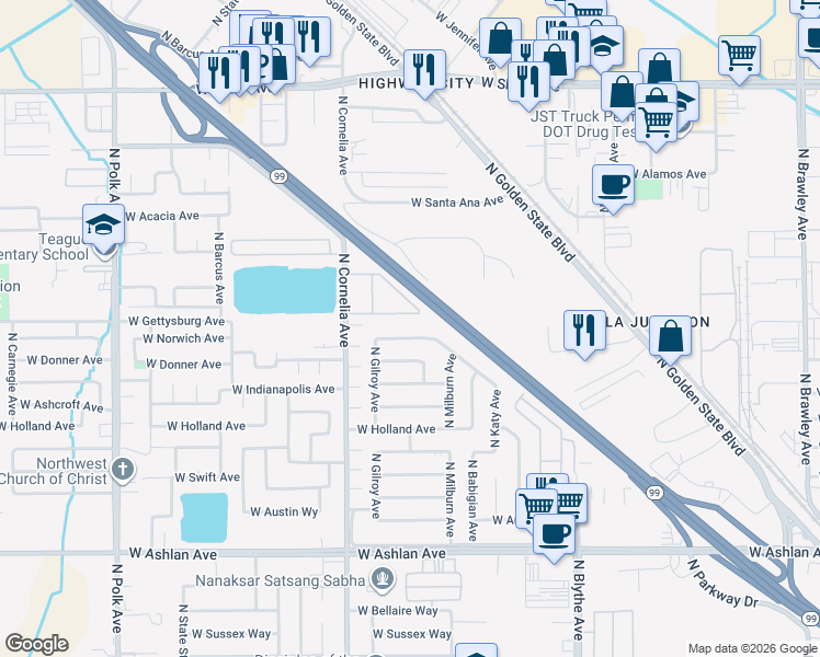 map of restaurants, bars, coffee shops, grocery stores, and more near 4498 North Cornelia Avenue in Fresno