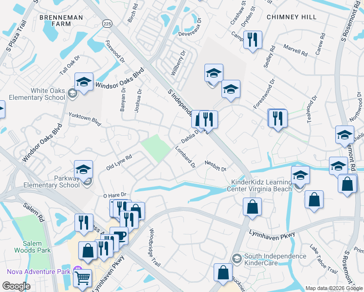 map of restaurants, bars, coffee shops, grocery stores, and more near 3900 Wilmington Road in Virginia Beach