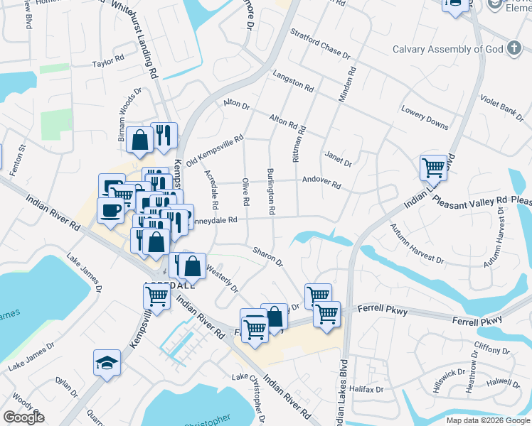 map of restaurants, bars, coffee shops, grocery stores, and more near 1213 Burlington Road in Virginia Beach