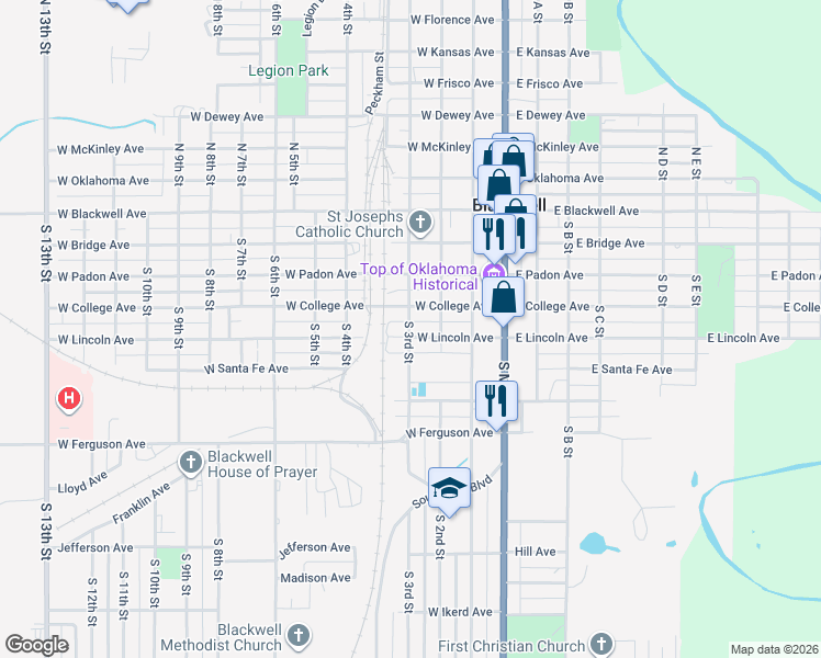map of restaurants, bars, coffee shops, grocery stores, and more near in Blackwell