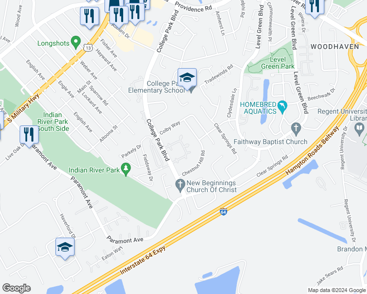 map of restaurants, bars, coffee shops, grocery stores, and more near Glyndon Drive in Virginia Beach