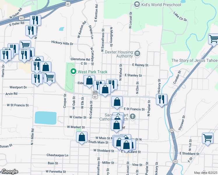map of restaurants, bars, coffee shops, grocery stores, and more near 703 North Mulberry Street in Dexter